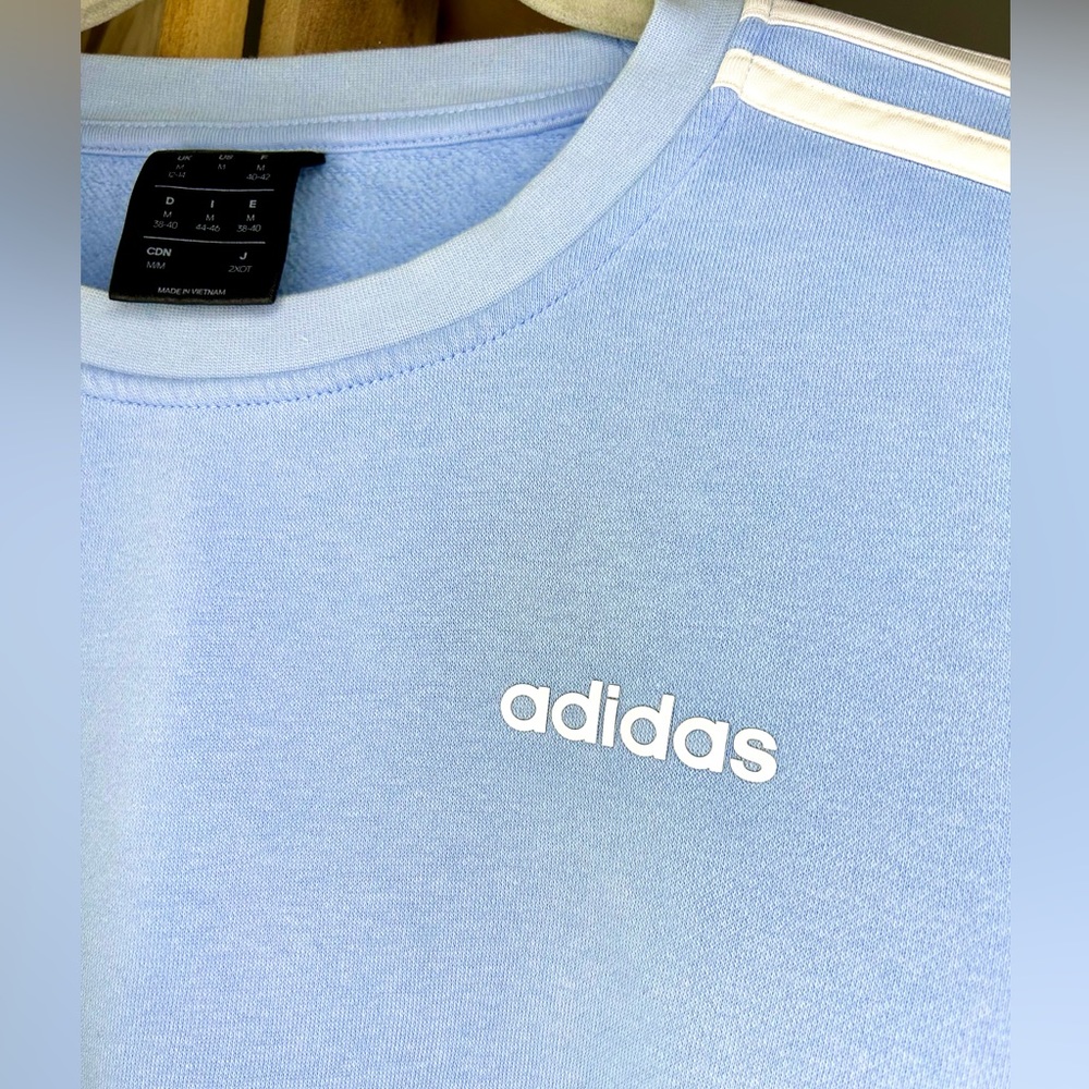Adidas Essential 3 Stripe Blue Sweatshirt Athletic Crewneck - Picture 4 of 5